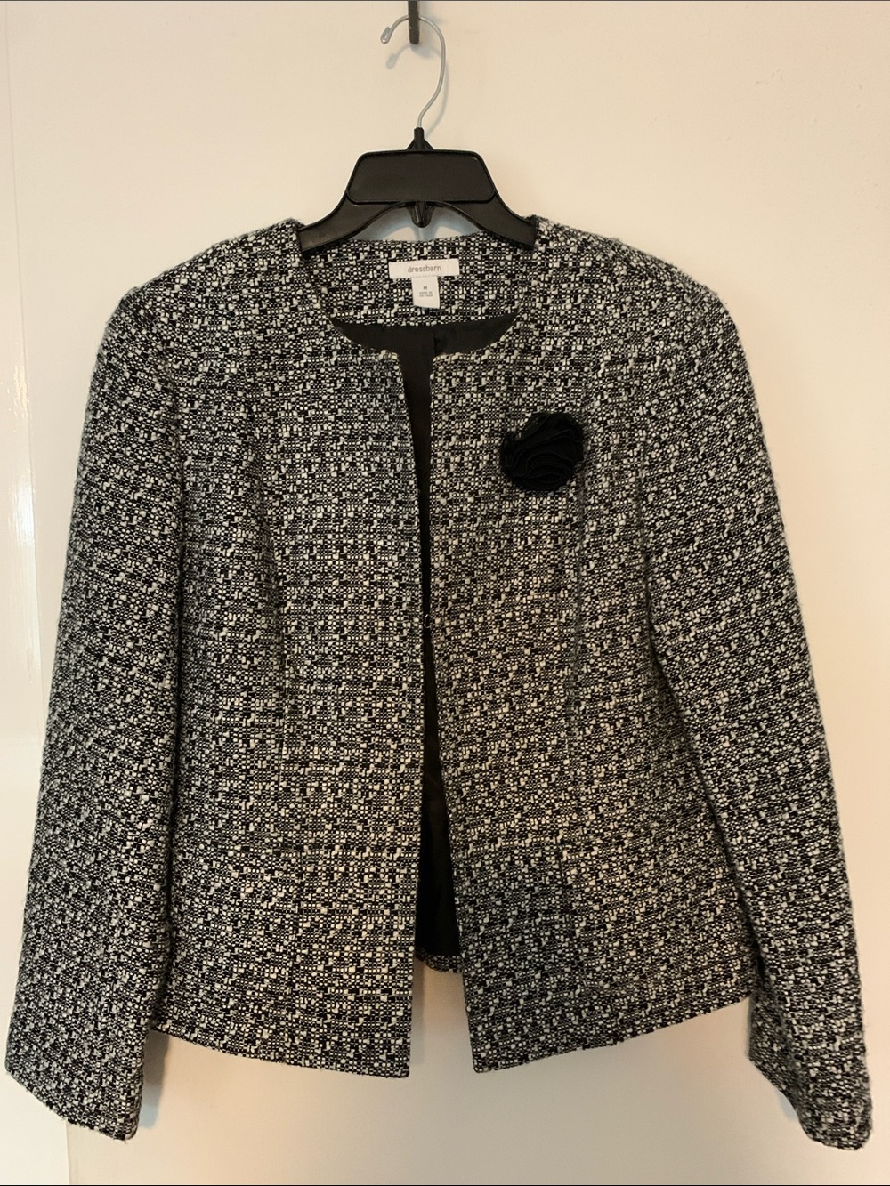 Dress Barn Black and White Tweed Collarless Blazer with Rosette